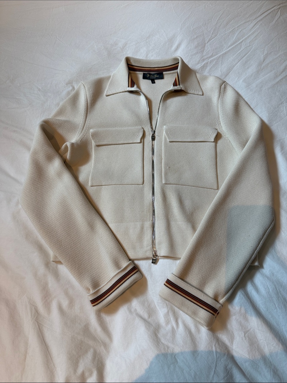 Loro Piana Cream Zip-Front Bomber Jacket with Striped Cuffs & matching pants set